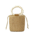Small Straw Basket Bucket Bags Beads Handle Handbags Lady Fashion Summer Shoulder Purses for Woman