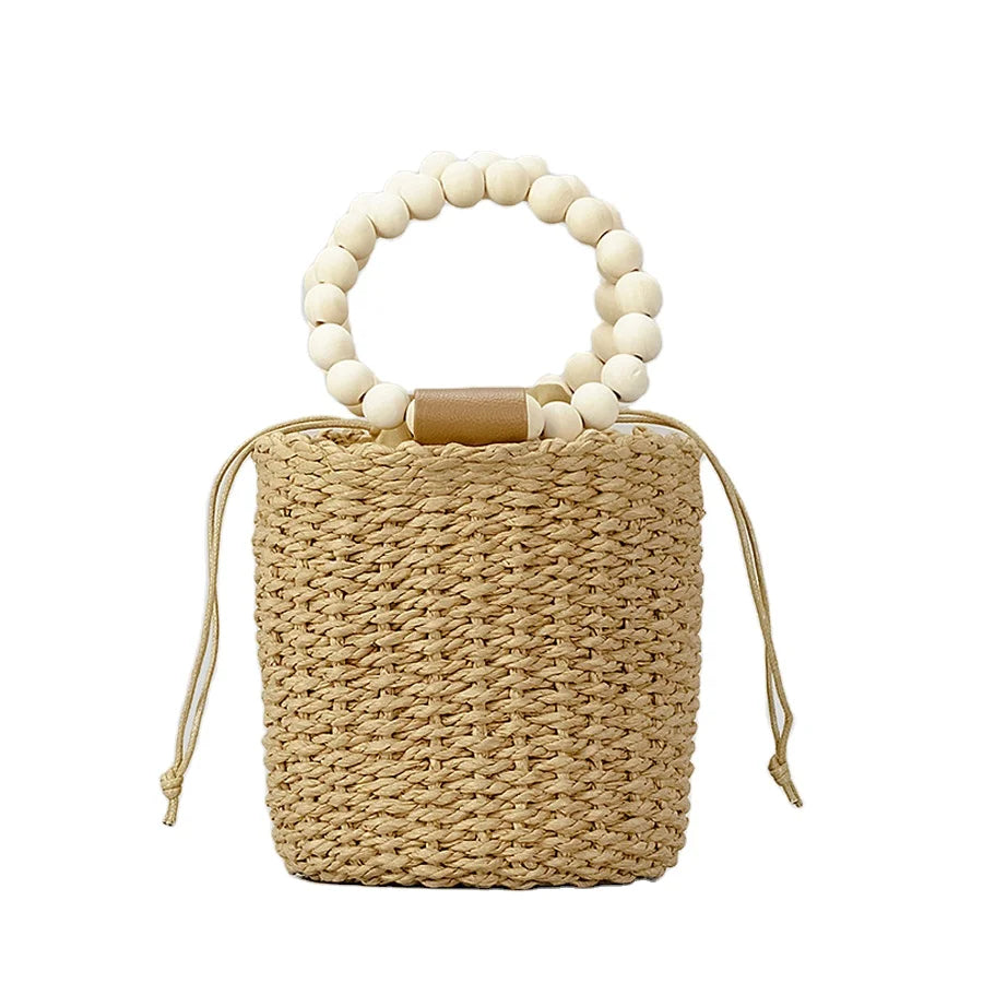Small Straw Basket Bucket Bags Beads Handle Handbags Lady Fashion Summer Shoulder Purses for Woman