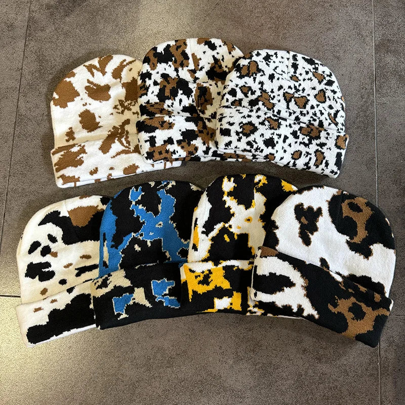 Winter Custom Logo Warm Thickened Cuffed Cow Print Leopard Cowprint Beanie Jacquard Acrylic Knitted Hat