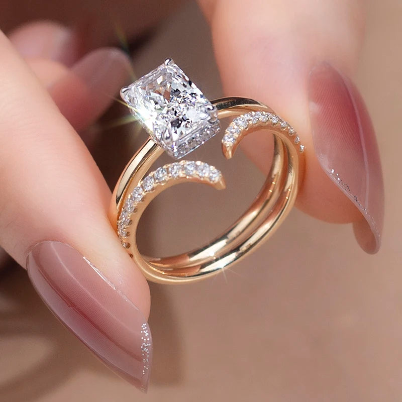 Messi Jewelry MSR-886 18k Solid Gold 1.84ct Radiant Cut Lab Diamond Women Jewelry Ring Classic Solitaire Engagement Ring Set