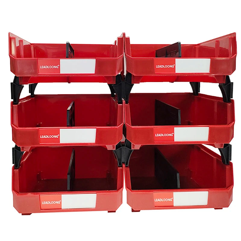 LEADLOONG V4 Red PP Plastic Storage Bin 6pcs 11x11x5 Inch/27.6*27.9*12.8cm Stackable Folding Multi Tools Organizer Box Garage