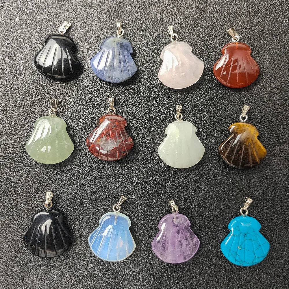 Natural Gem Stone Crystal Healing Stones Amethyst Pendant Carved Shell Jade Stone Charm Pendant for Jewelry Making