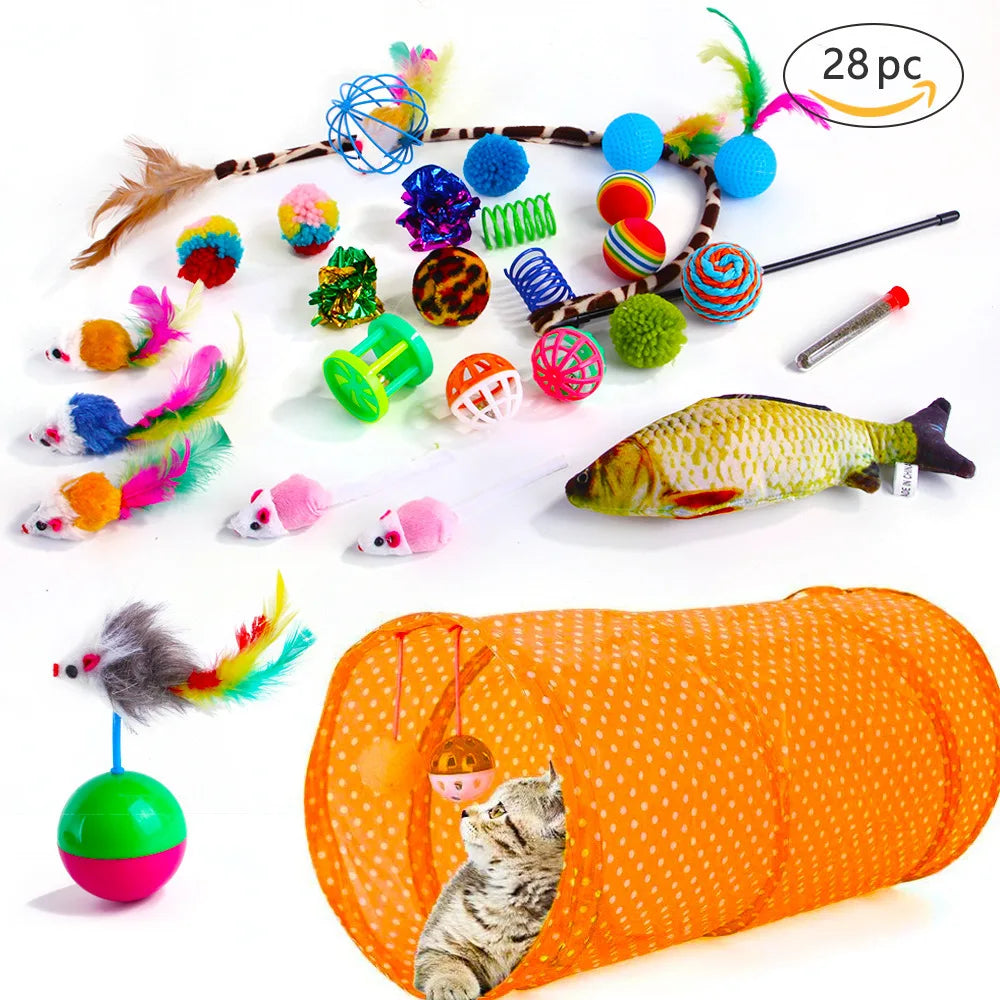 Hot Sale Eco-Friendly Plastic 21Pcs/Pack Retractable Cat Toy Wand & Tunnel with Feather Chaser for Cats