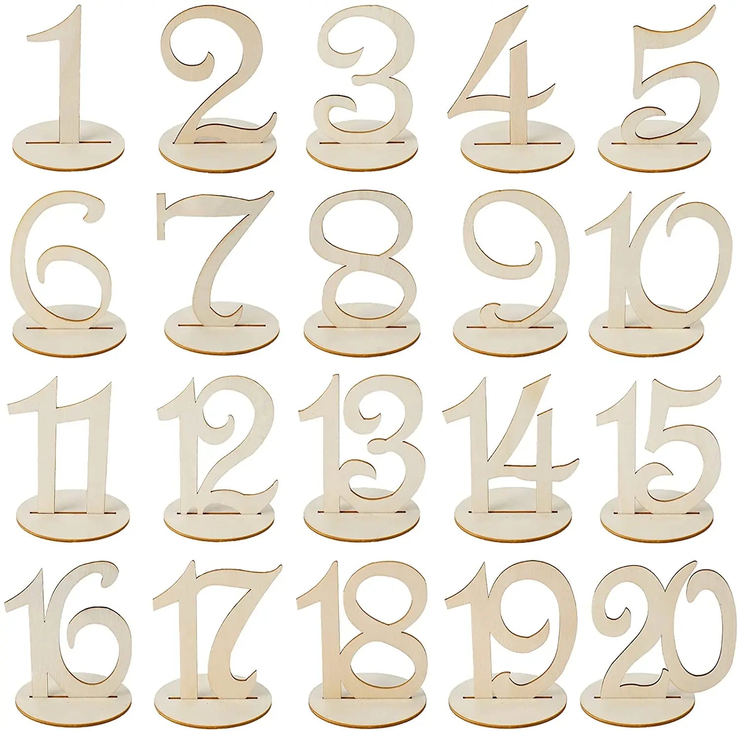 Tailai Laser Cut Table Numbers for Wedding Reception Wooden Numbers 1-20 with Base for Wedding Table Decor Party Reception.