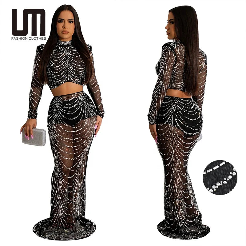 Liu Ming New Product 2023 Women s Sexy Elegant Rhinestone Birthday Outfits Party Club Night Long Skirt Set