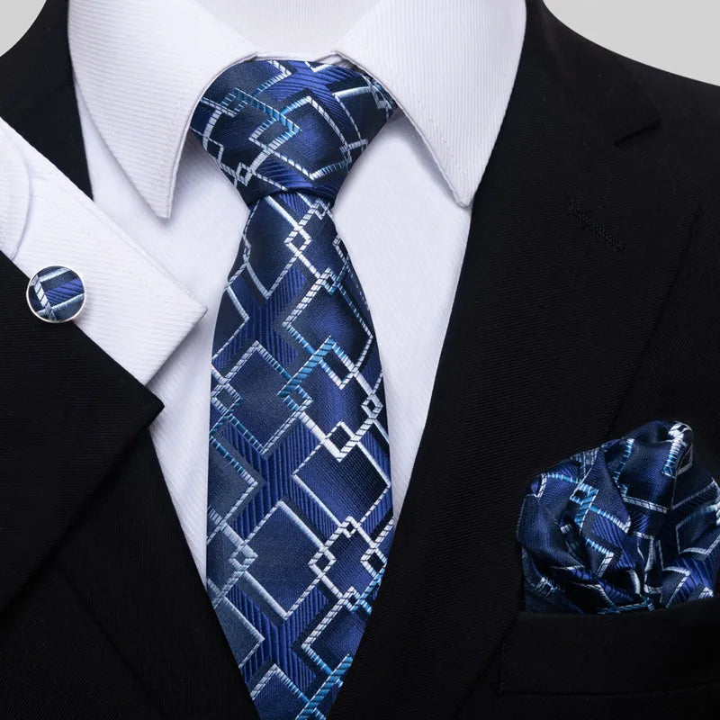 Men's Classic Necktie Handkerchief Cufflinks Set Plaid Patterned Paisley Striped Styles Made Durable Polyester for Business