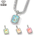 White Gold Square Light Blue Gem Mocha Fluorescence Pendant Rectangle Light Pink Iced Out Full 5A Cz Hip Hop Pendant Necklace