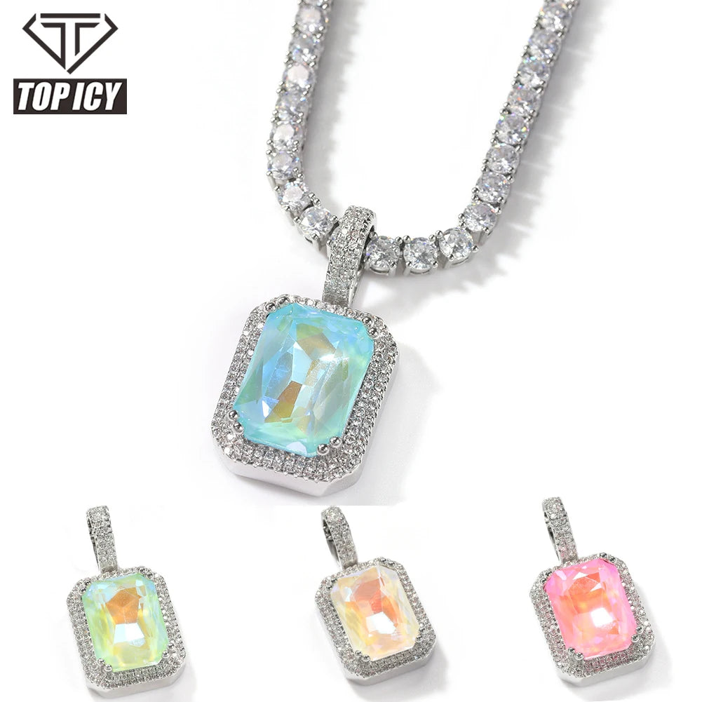 White Gold Square Light Blue Gem Mocha Fluorescence Pendant Rectangle Light Pink Iced Out Full 5A Cz Hip Hop Pendant Necklace
