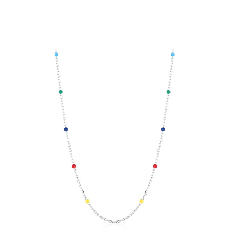 Daidan Silver Chain Necklace 925 Sterling Enamel Jewelry Rainbow Bead Epoxy Colorful Beaded Choker Necklace