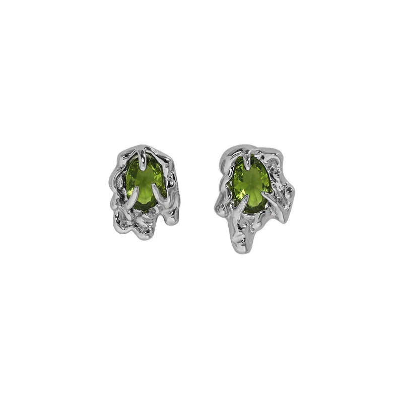 New Design Peridot Green Zircon Crystal Sterling Silver 925 Lave Melted Rock Stud Earrings