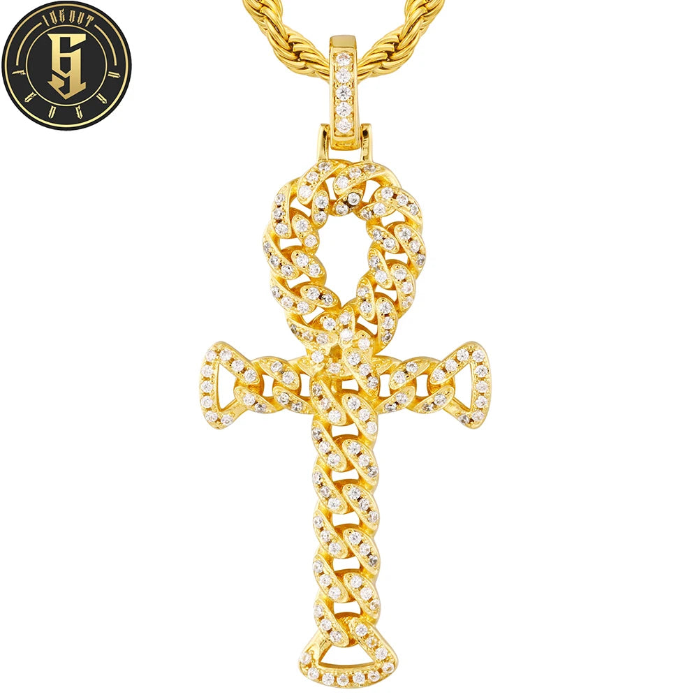 Fashion Jewelry Personalized Brass Iced Out Cubic Zirconia Small Ankh Cuban Cross Pendants Necklace for Men