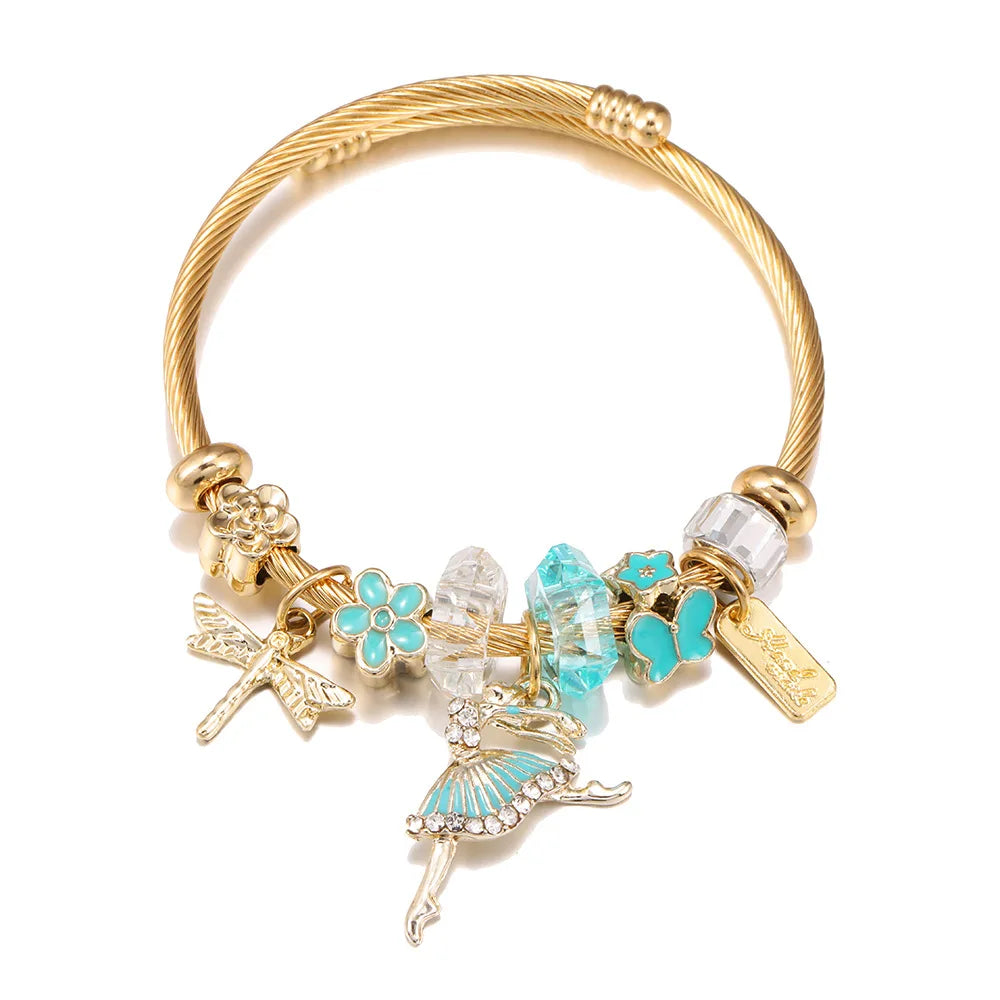 AA00283 Diy Crystal Flower Ballerina Dance Girl Pendant Charm Bracelets Handmade Stainless Steel Butterfly Charm Bracelet