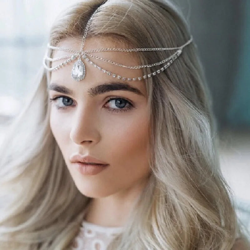 Elegant Women Diamond Pendant Forehead Crystal Drop Headband Rhinestone Head Chain Headpiece