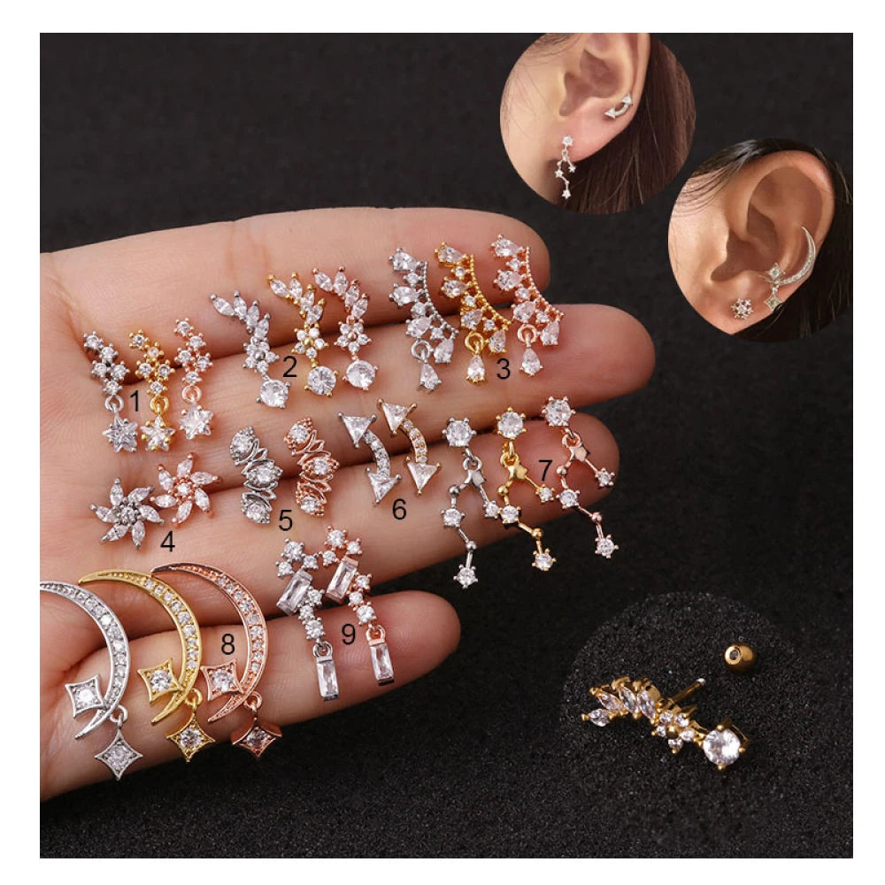 Ear Piercing Jewelry Moon Star Zirconia Stainless Steel Fashion Handmade Diamond Stud Earrings for Women