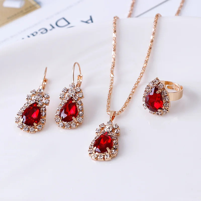 Hot Sale Personality Water Drop Rhinestone Necklace Earrings Ring Set Shiny Bridal Jewelry Three Piece Set
