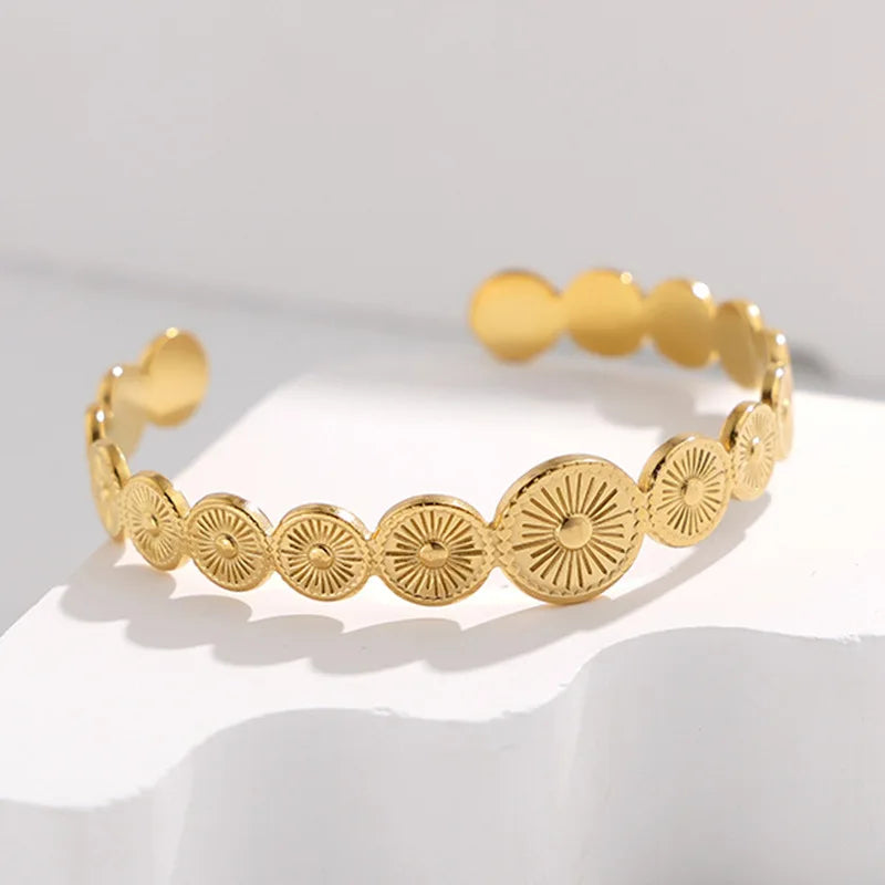 Waterproof 18k Gold Plated Stainless Steel Cuff Bracelet Vintage Geometric Splicing Carved Sun Open Bangle Bracelet for Women