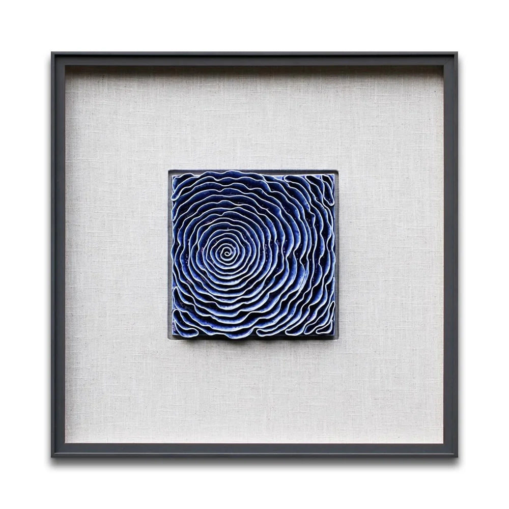 Wholesale Wood Framed Delicate Blue Flower Ceramic Wall Art for Hotel Decor Custom Modern 3D Home