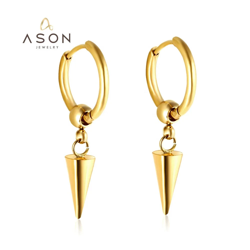 Ason Fashion Stainless Steel 18k Gold Plated Simple Hexagonal Triangle Cone Personality Earrings Jewelry for Women Hoop Earrings