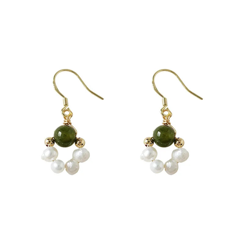 Women 18K Gold Plated Jewelry Green Stone Dangle Drop Real Natural Baroque Freshwater Hoop Pearl Earrings