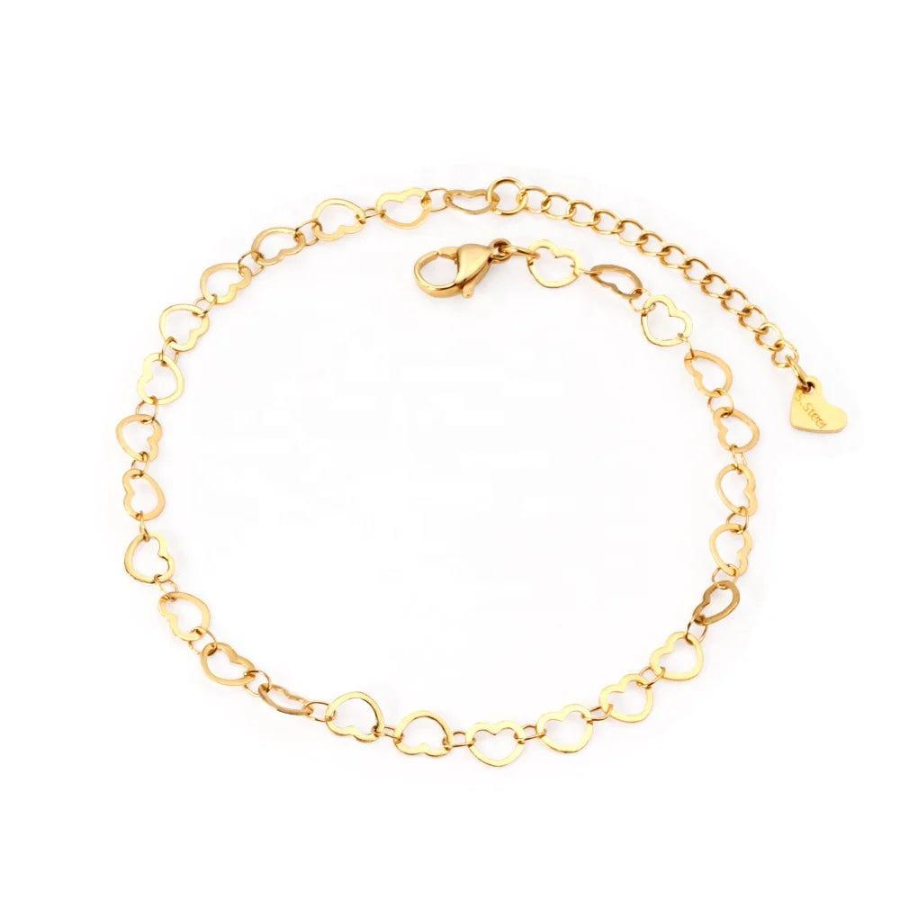 New Trendy 18k Gold Plated Hypoallergenic Jewelry Waterproof Minimalist Love Heart Charm Anklets Stainless Steel Anklet