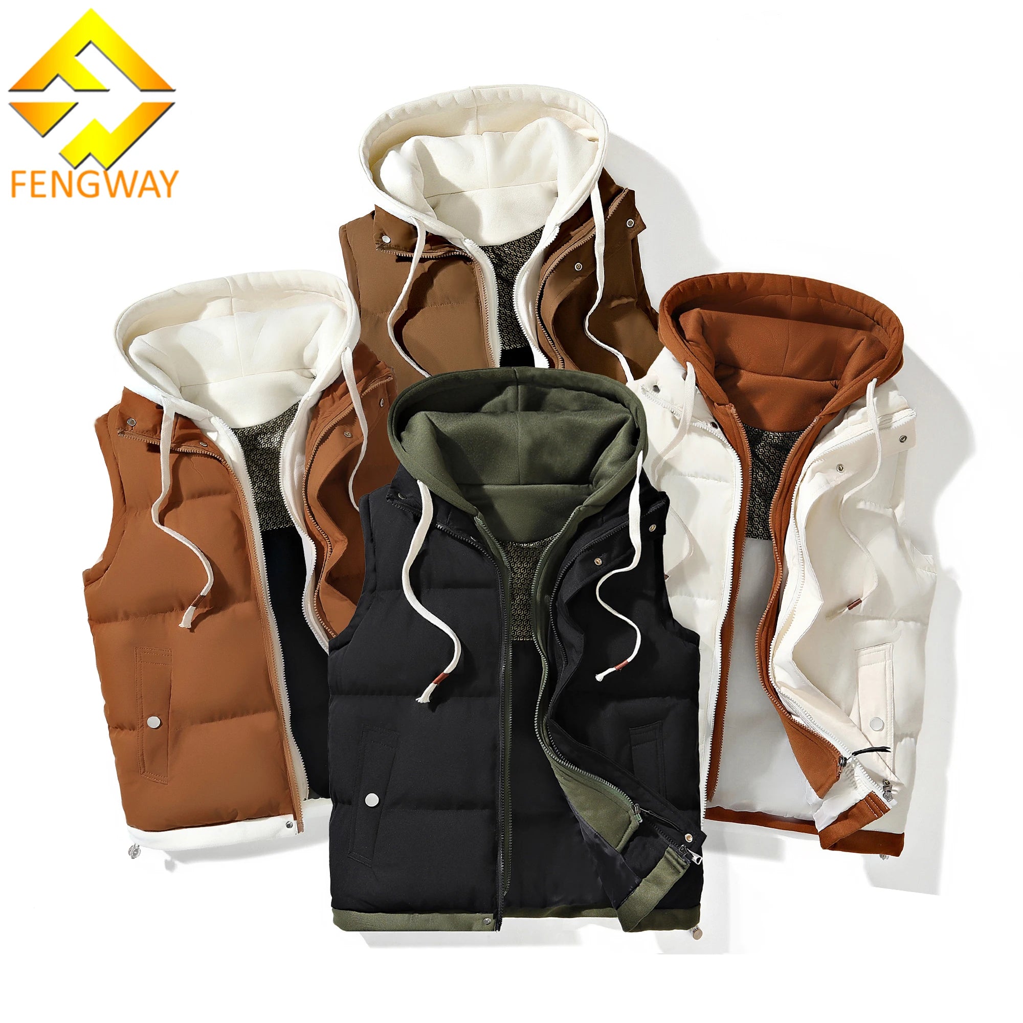 Custom Hood Thick Puff Cotton Filling Polyester Fabric Drawstring Streetwear Color Match Sleeveless Padded Puffer Vest Jacket