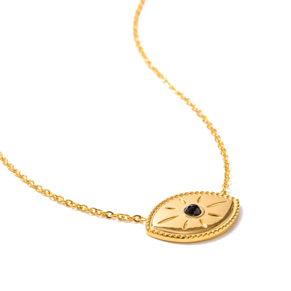 Vintage Thick Chain Gold Eye Necklace Gold Plated Stainless Steel Carved Rising Sun Geometric Eye Pendant Necklace