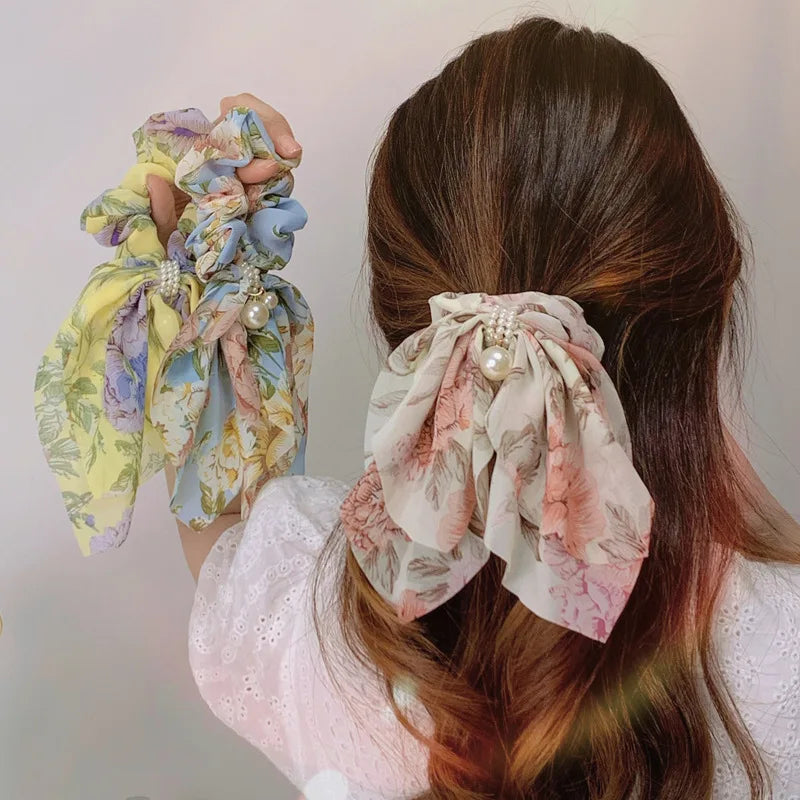 Ponytail Holder Chiffon Bow Streamers Scrunchies Hair Ties Hair Accessories for Girls Women Elastic Hair Bands
