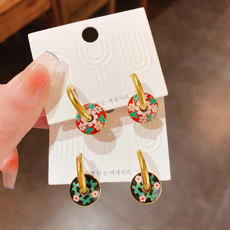 Aretes De Aro 2022 Gold Color Stainless Steel Chunky Hoop Earrings Enamel Flower Round Loop Ear Buckle Earring Brincos