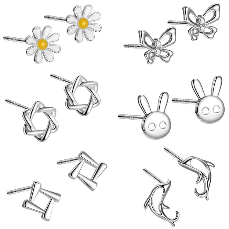Wholesale Hypoallergenic S999 Sterling Silver Heart Star Moon Bear Butterfly Dolphin Cross Rabbit Daisy Stud Earrings Girls Kids