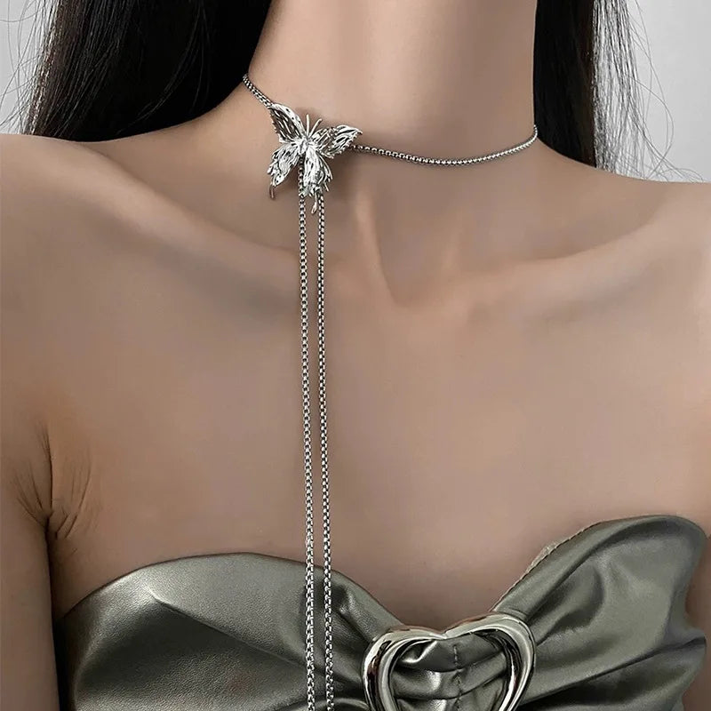 Personalized Korean Fashion Silver Butterfly Choker Necklace Adjustable Diamond Butterfly Necklace for Women Jewelry