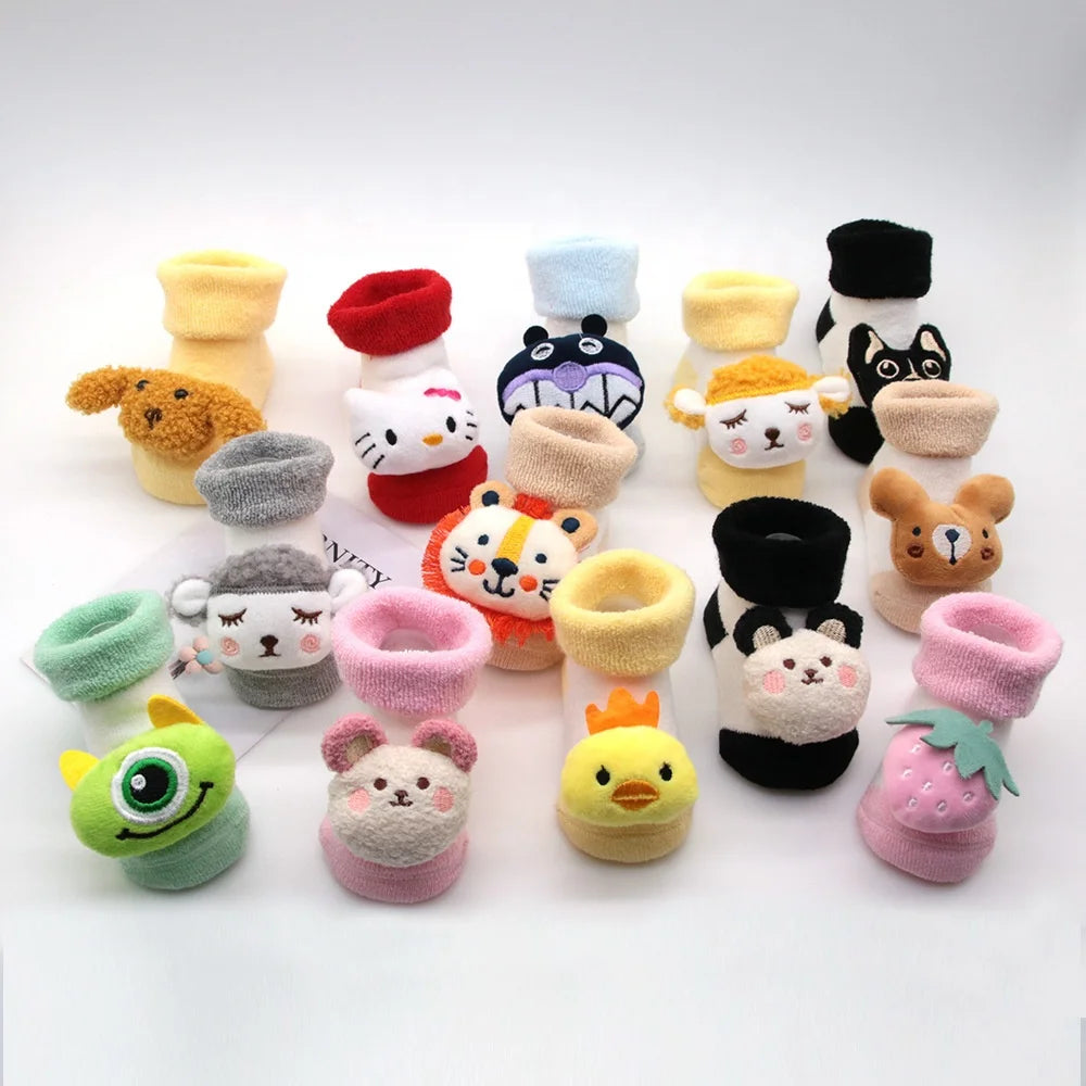 Wholesale 3D Cute Cartoon Crew Socks for Newborn Infants 0-12 Months Winter Thick Terry Rattle Toys Breathable Baby Shoes