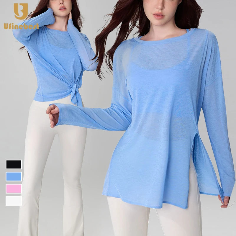 Women's Workout Long Sleeve Gym Fitness Blouse Breathable Slub Yarn Bottom with Side Split Lightweight Yoga T Shirt