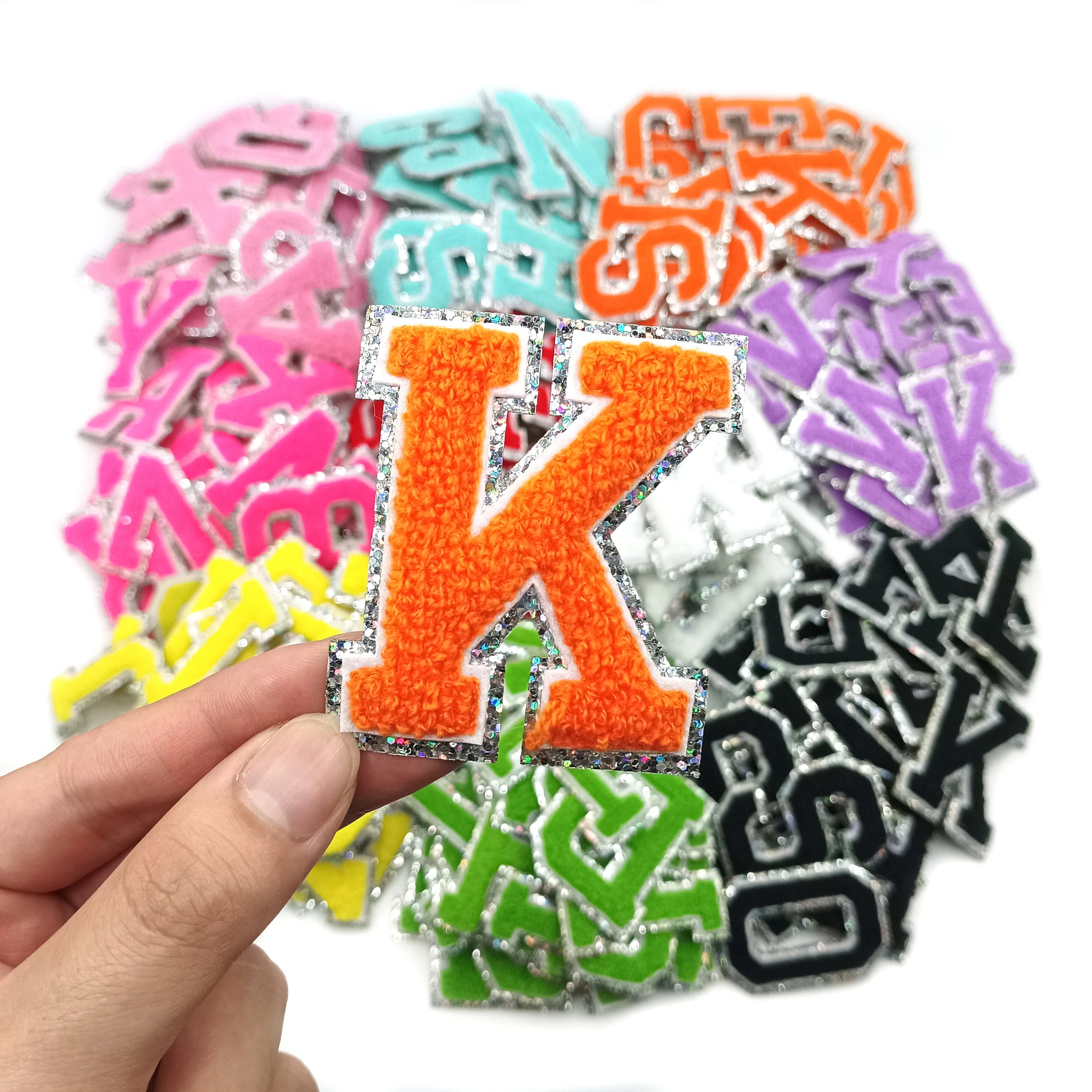 New Chenille 6.5cm Silver Edge Orange Glitter Bling Chenille 6.5cm Embroidered Iron-On Orange Letter Patches for Hats