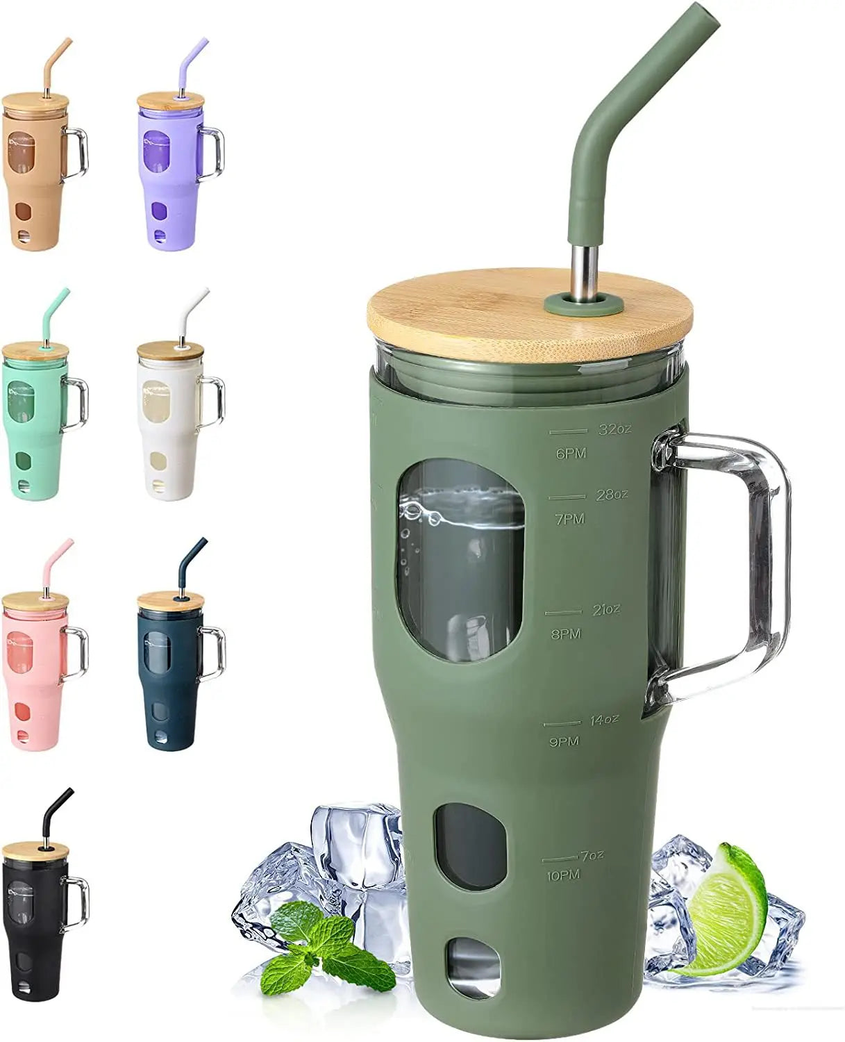 32 Oz Glass Tumbler with Bamboo Lid Glass Water Bottles with Handle Reusable Cup with Silicone Sleeve Spill Proof BPA Free Cup