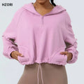 HZORI Women Long Sleeve Pullover Half Zip Crop Sweatshirts Custom Logo  Drawstring Hoodie