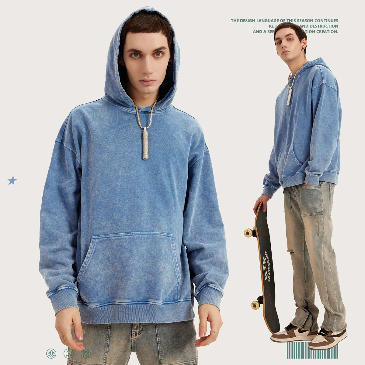 Vintage Unisex Custom Embroidered Blue Hoodie No String Cotton 420Gsm Heavyweight Terry Acid Washed Mens Hoodie With Hood Men