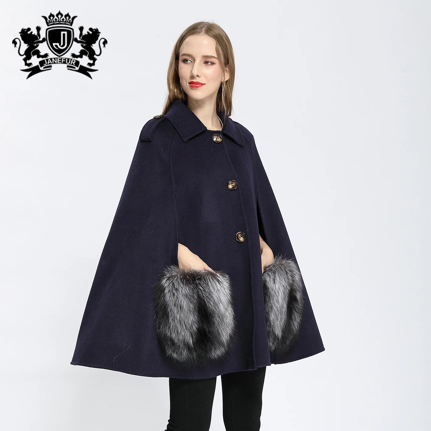 Janefur Winter Wool Cape Elegant Long Cashmere Fur Coat With Real Fox Fur Warm Thicken Women Outwear