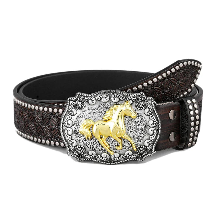 Fast Delivery Customizable Plate Horse Buckle Leather Plain Belts American Western Denim Vintage Carved Buckle Belt