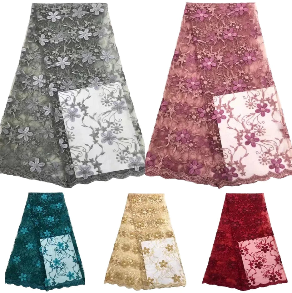 130 cm Width Polyester Tulle Embroidery Chiffon Nigerian Fabric 3D Laser Lace Sequins Rose Flower Knitted Wedding Dresses Yunfan
