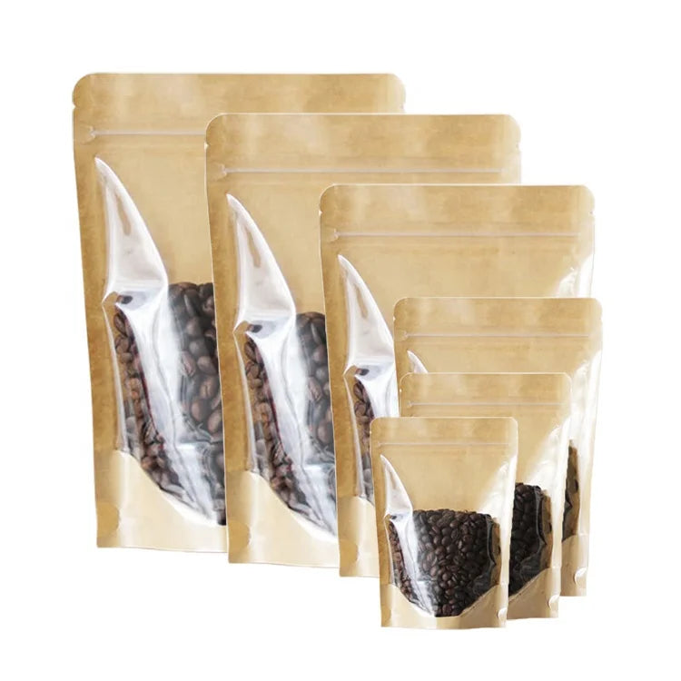 12x20cm Clear Front Brown Eco Friendly Stand up Food Packaging Reclosable Zipper Doypack Kraft Paper Bags Pouches