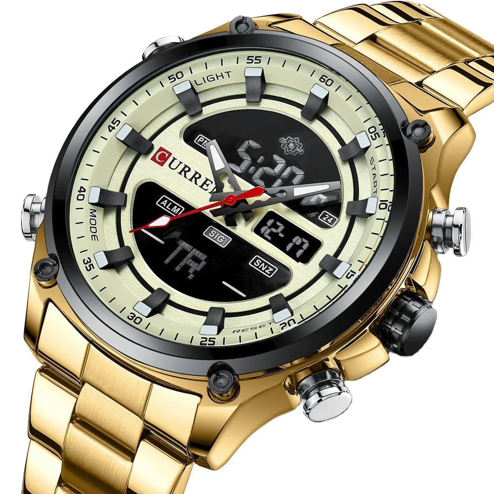 CURREN 8404 Digital Watch for Men Luxury Dual Display Man Wristwatches Waterproof Luminous Stainless Steel Quartz Watches Mens