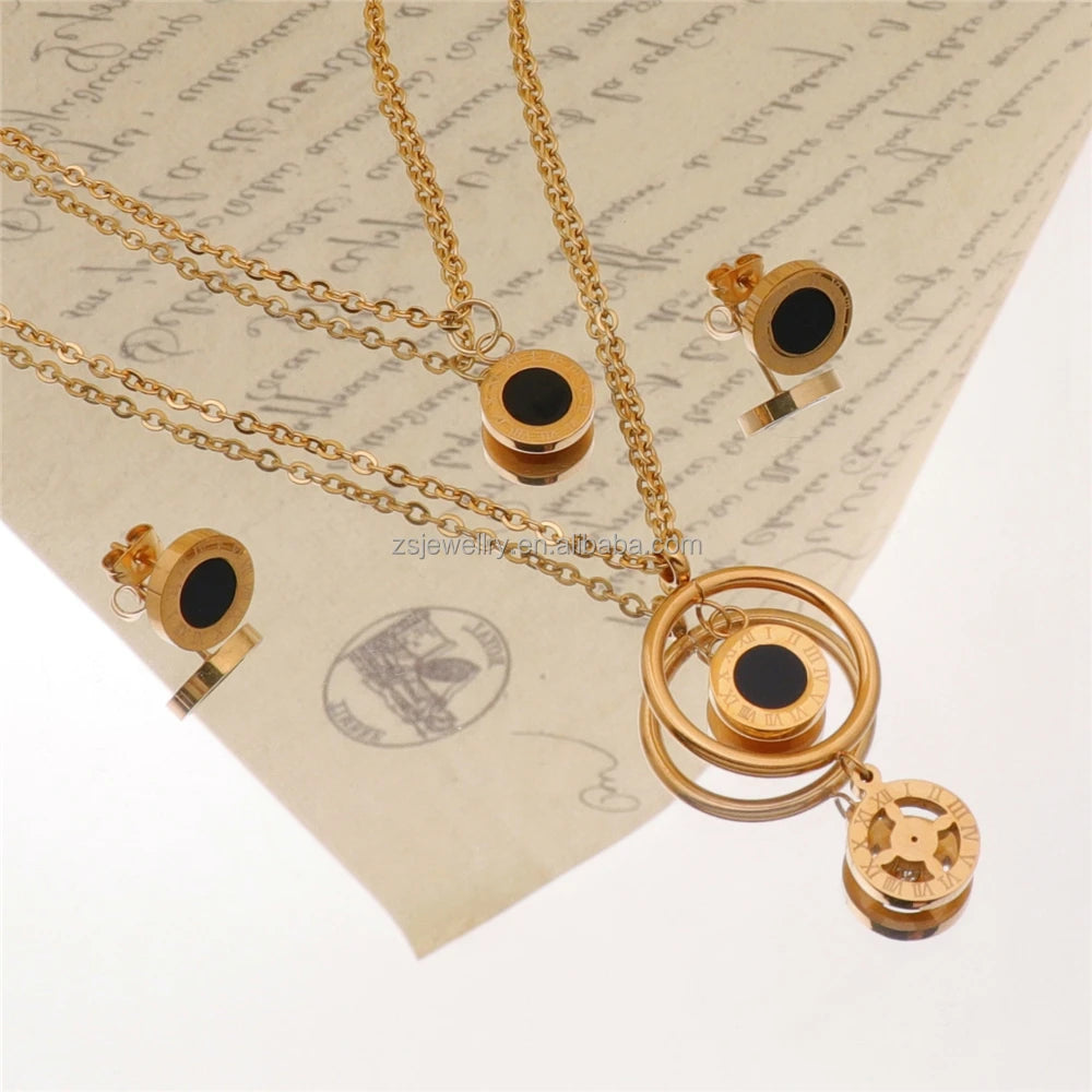 Fashion Diamond 18K Gold Plated Women Stainless Steel Girl Black Shell Stone Costume Design Jewelry Sets