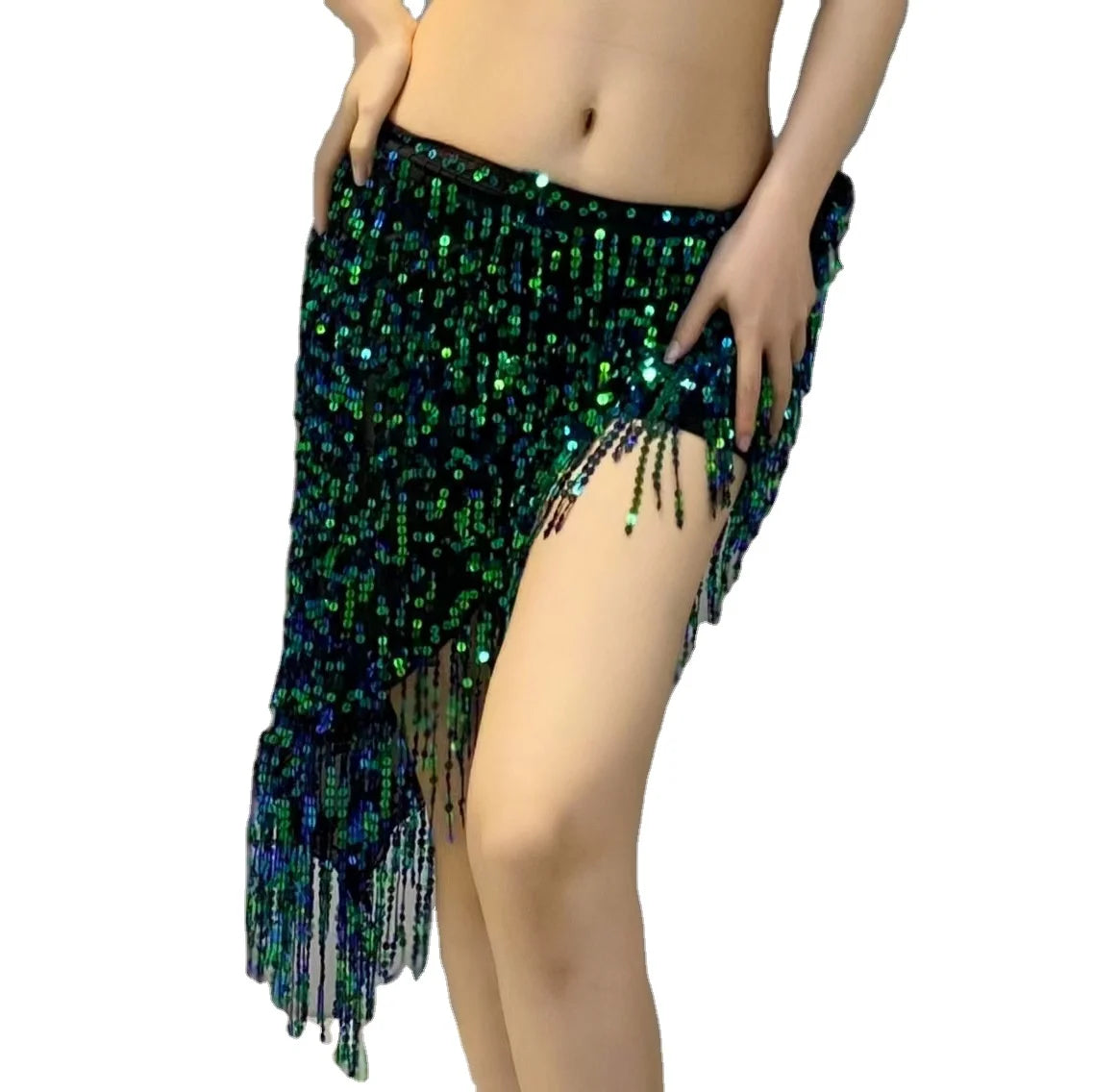 Shiny Belly Dance Training Costume with Fringe Hip Scarf Dress and Sequin Daning Skirt
