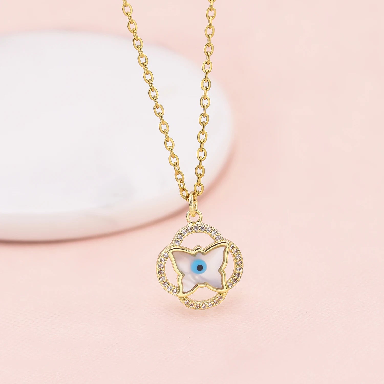Fashion Jewelry Charm Necklace Butterfly Heart Eye Pendant 18K Gold Plated Stainless Steel Chain Necklace for Women