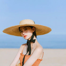 2025 Handmade Wide Brim Natural Straw Hat for Women French Style Long Ribbon Summer Vacation Beach Cap Ladies Visor UV Sun Hat