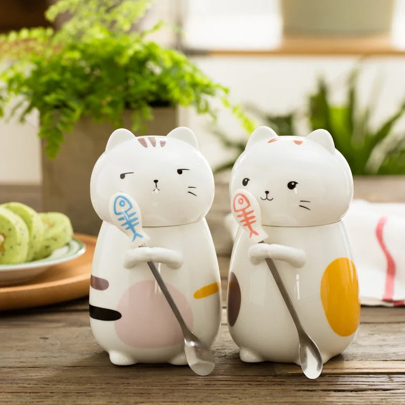 Custom Wholesale Modern Round Porcelain Mug Cute Cat Cartoon Character Design for Coffee Tea Dishes for Home Restaurant Use
