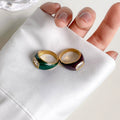 Dainty Vintage Women Jewelry Black Green Enamel Zircon Ring Non Tarnish 18k Gold Stainless Steel Dome Chunky Ring YF2639
