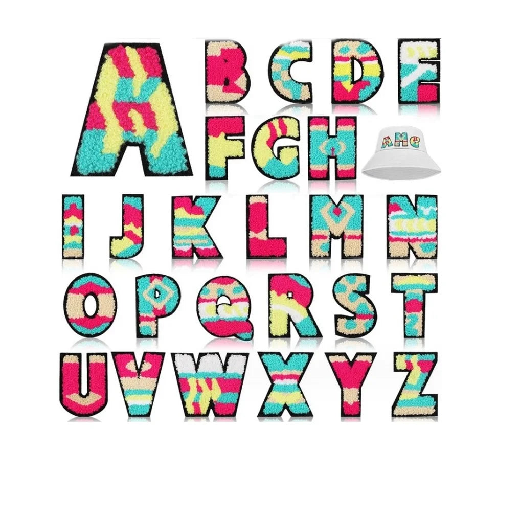 New Design 7cm High Colorful Iron on Towel Embroidered A-Z Letters Chenille Patches for Clothing