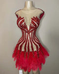 Ocstrade Fall 2024 Shiny Rhinestone Club Dress Sleeveless Mesh Transparent Short Red Club Dress With Feather for Party