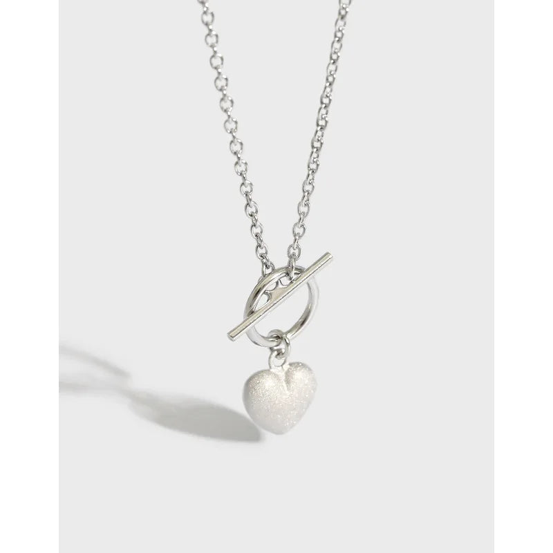 Matte Heart Charm Pure Silver Choker S925 Link Short Necklace Sterling Silver OT Clasp Toggle Chain Choker for Women